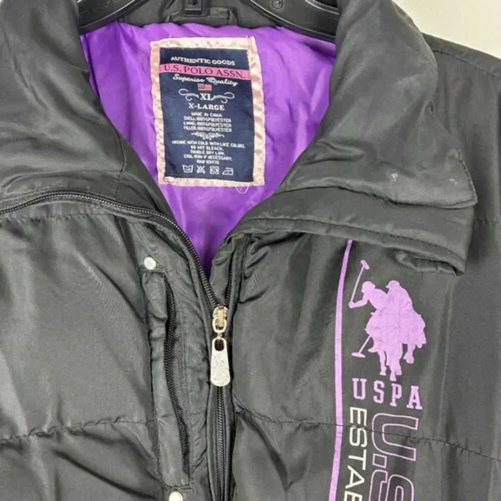 U.S. Polo‎ Assn Girls Puffer Coat Jacket Black Purple Quilted XL /16